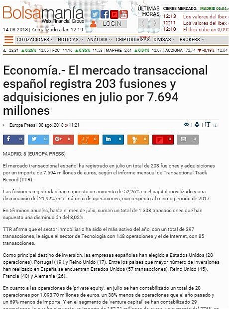 El mercado transaccional espaol registra 203 fusiones y adquisiciones en julio por 7.694 millones